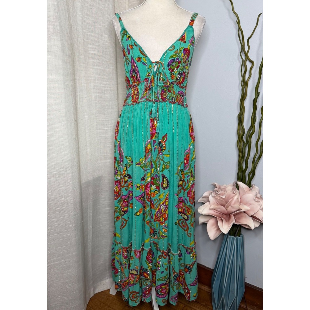ME 2 Magic Anthropologie Maxi Dress Paisley Floral Metallic Gold Turquoise Large